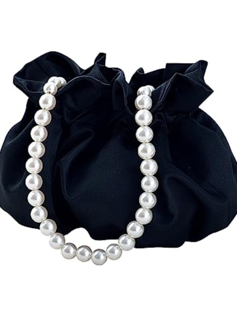 Small Satin Bucket Bag Wristlet with Faux Pearl Chain